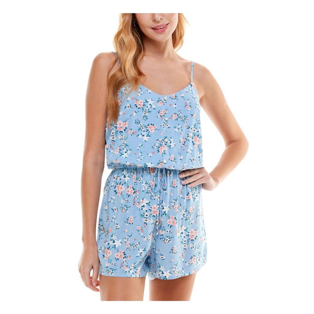 KINGSTON GREY Womens Romper Light Blue Tie Spaghetti Strap Button Juniors XL